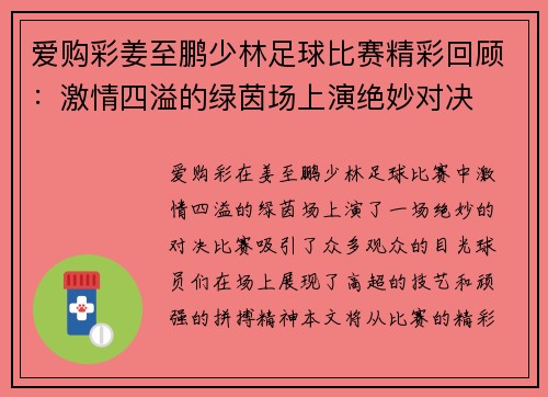 爱购彩姜至鹏少林足球比赛精彩回顾：激情四溢的绿茵场上演绝妙对决