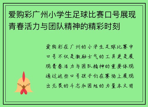 爱购彩广州小学生足球比赛口号展现青春活力与团队精神的精彩时刻