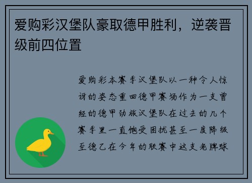 爱购彩汉堡队豪取德甲胜利，逆袭晋级前四位置
