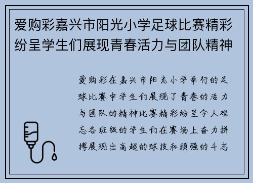 爱购彩嘉兴市阳光小学足球比赛精彩纷呈学生们展现青春活力与团队精神