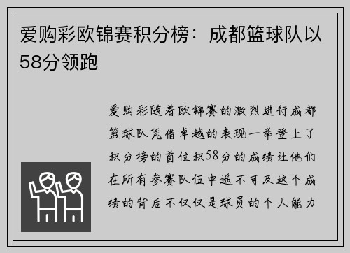 爱购彩欧锦赛积分榜：成都篮球队以58分领跑