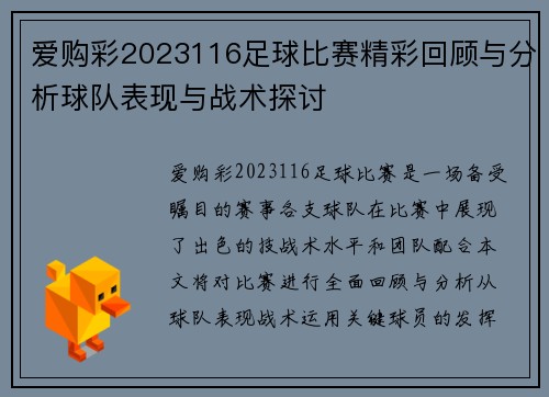 爱购彩2023116足球比赛精彩回顾与分析球队表现与战术探讨