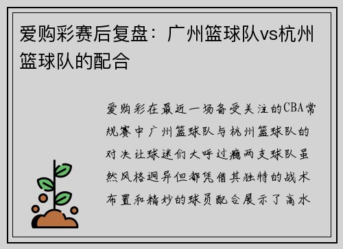 爱购彩赛后复盘：广州篮球队vs杭州篮球队的配合