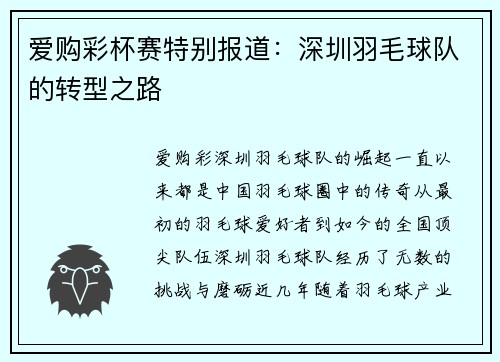 爱购彩杯赛特别报道：深圳羽毛球队的转型之路
