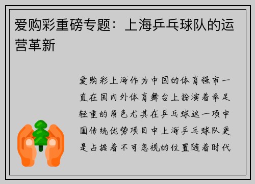 爱购彩重磅专题：上海乒乓球队的运营革新